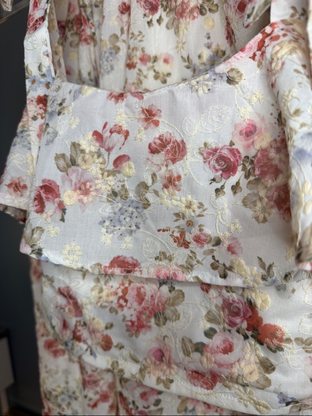 074 • Roses Print Cream Embroidery Floral Maxi Skirt Ruffle Crop Top Summer Set - Picture 8 of 11